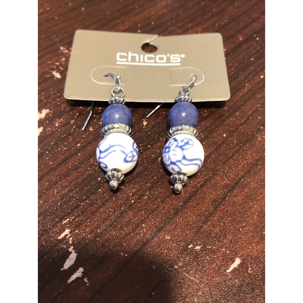 Silver Tone White Blue Ceramic Bead Dangle Earrings